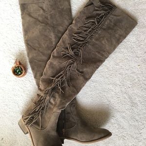 Fringe thigh high taupe/brown boots